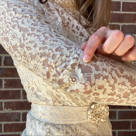 Vintage 1940s homemade lace long sleeve belted wedding dress maxi small XS - Picture 6 of 15